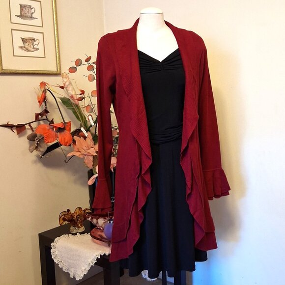 NWT Woman's Simon Chang Wine Burgundy Cardigan Coat Knit Long Outerwear - Picture 5 of 11